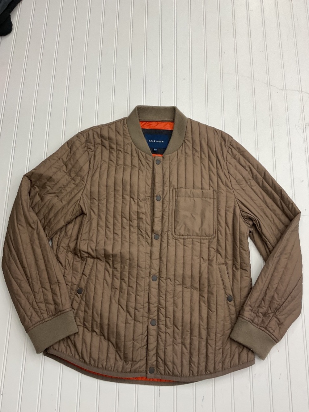 Cole Haan Tan Vertical Quilted Bomber Jacket Orange Lining Men's M